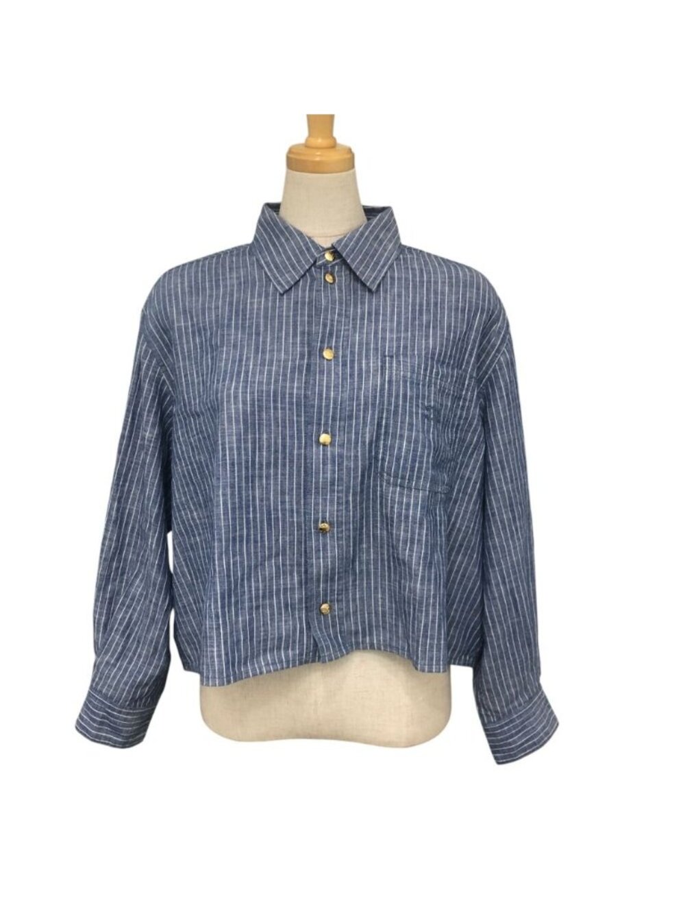 Celine Long Sleeve Shirt Triomphe Logo Striped Button Up Cropped Cotton Blue